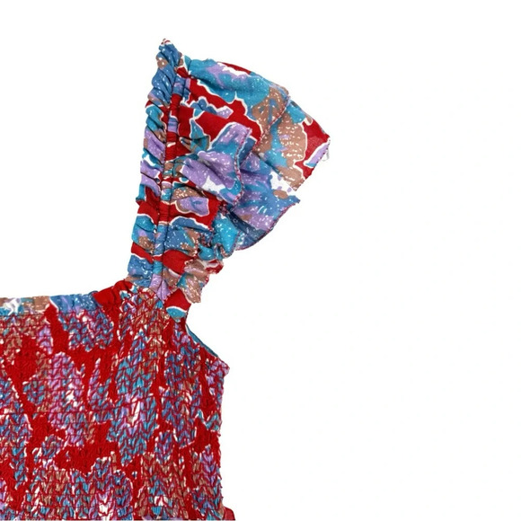 Love the Label Bouquet Smocked Tiered Ruffle Skirt Maxi Dress Blue Red Floral - Picture 4 of 7